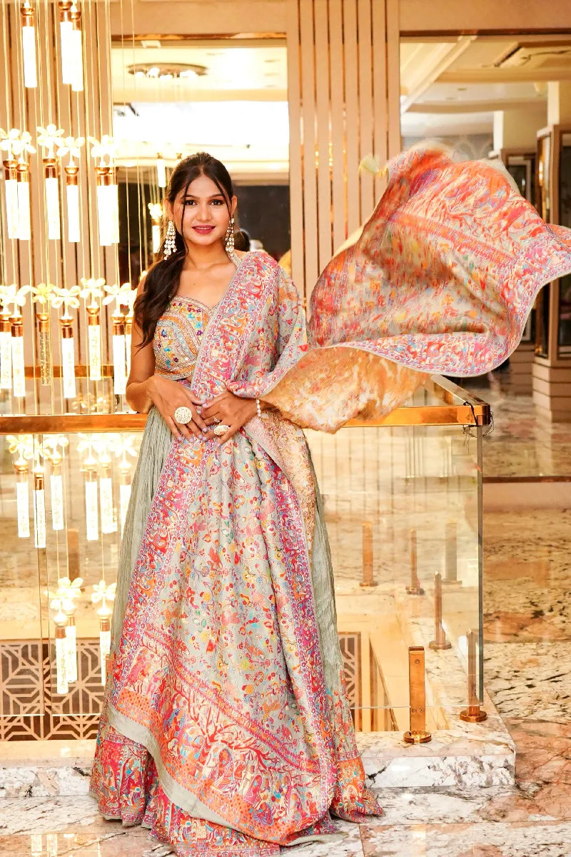 MEHENDI COLOR THREE PIECES CROP TOP GOWN INDO-WESTERN