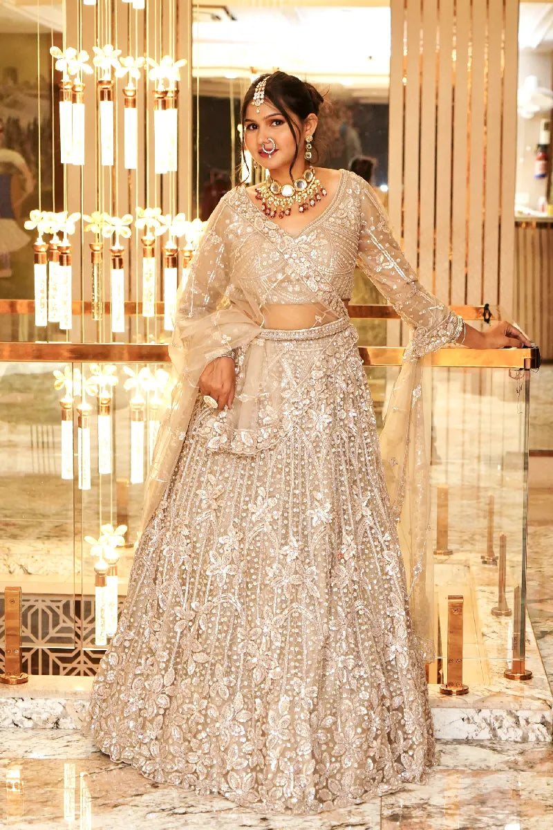 DESERT BROWN COLOR THREE PIECES CROP TOP LEHENGA