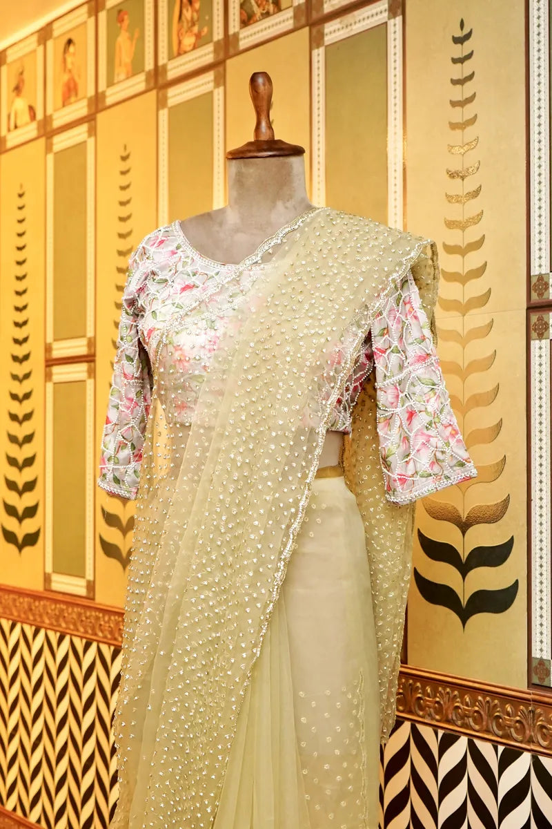 BANARASI TISSUE PISTA GREEN COLOR FANCY SAREE