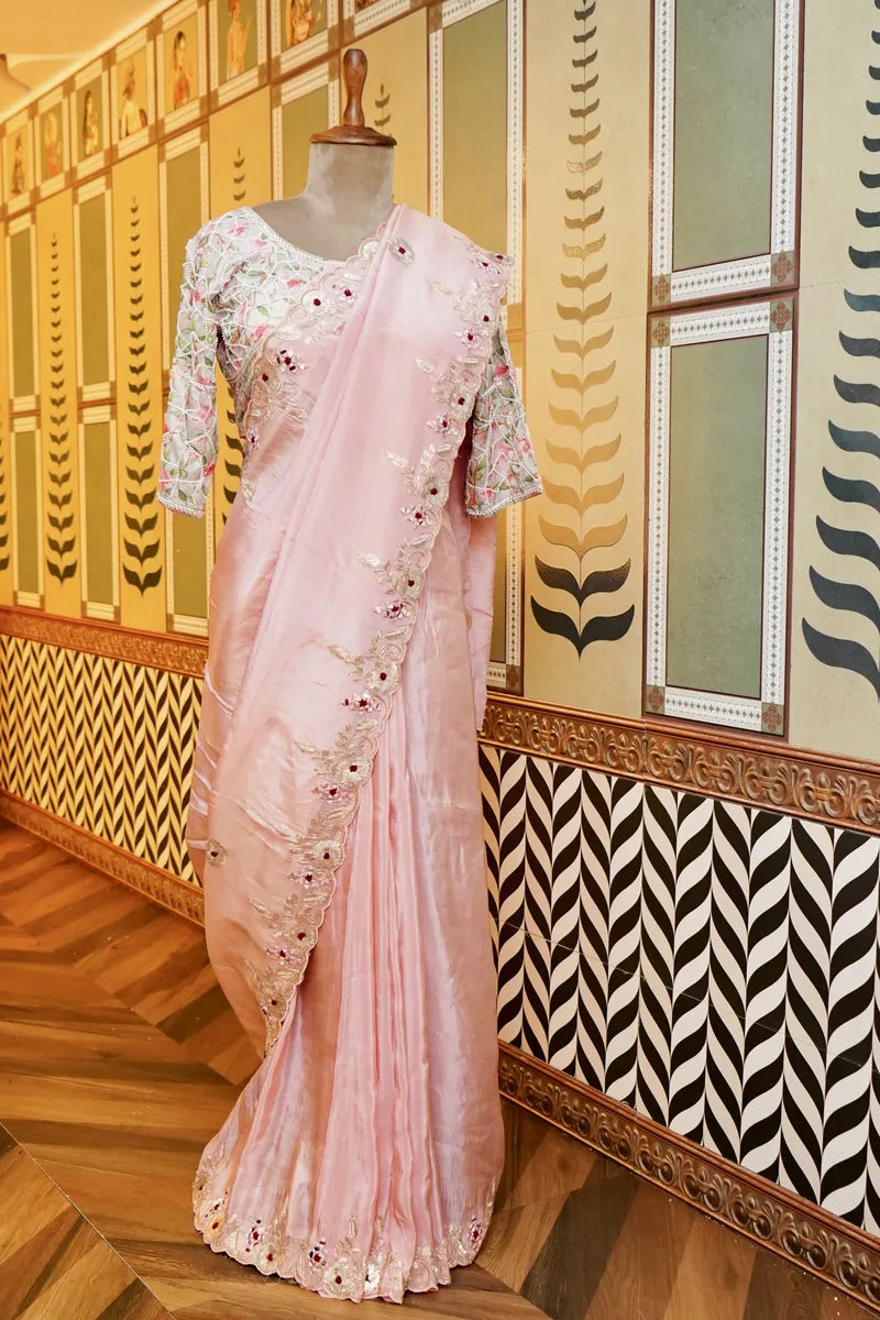 BANARASI PURE CREPE BABY PINK COLOR FANCY SAREE