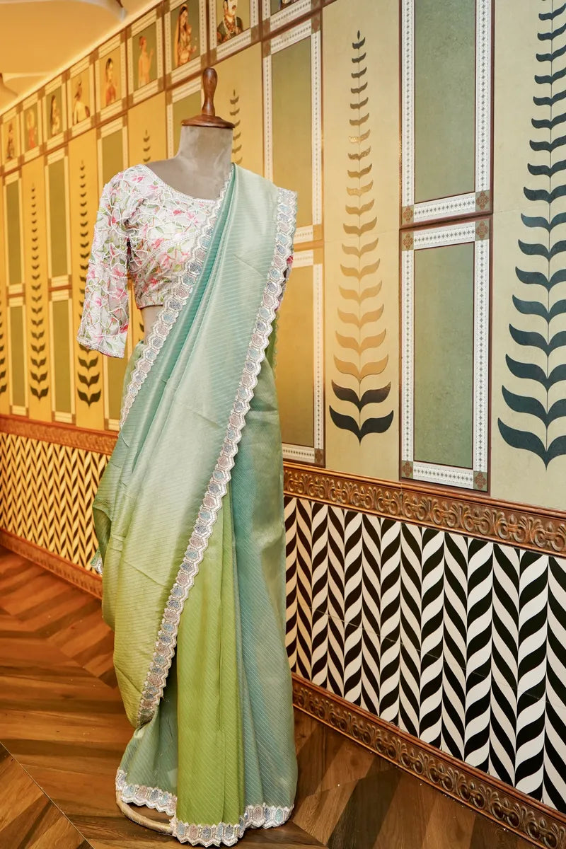 BANARASI KORA PISTA GREEN COLOR FANCY SAREE