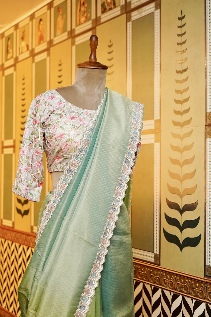 BANARASI KORA PISTA GREEN COLOR FANCY SAREE