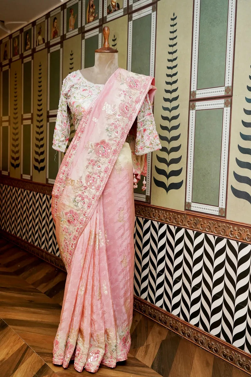 BANARASI KORA SILK BABY PINK COLOR FANCY SAREE