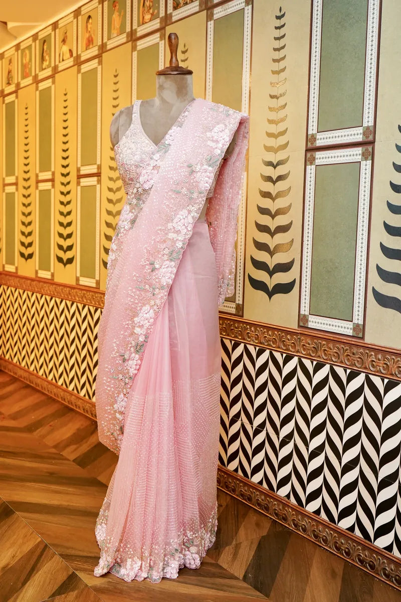 BANARASI PURE ORGANZA BABY PINK COLOR FANCY SAREE