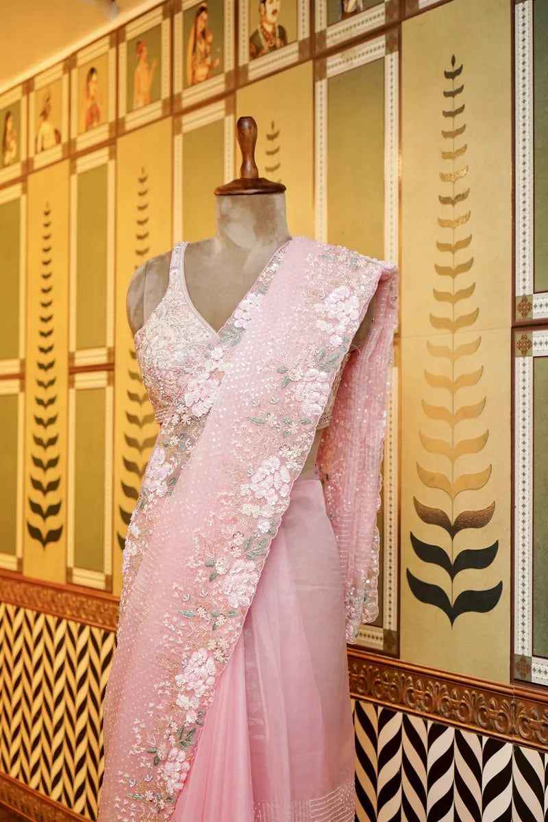 BANARASI PURE ORGANZA BABY PINK COLOR FANCY SAREE