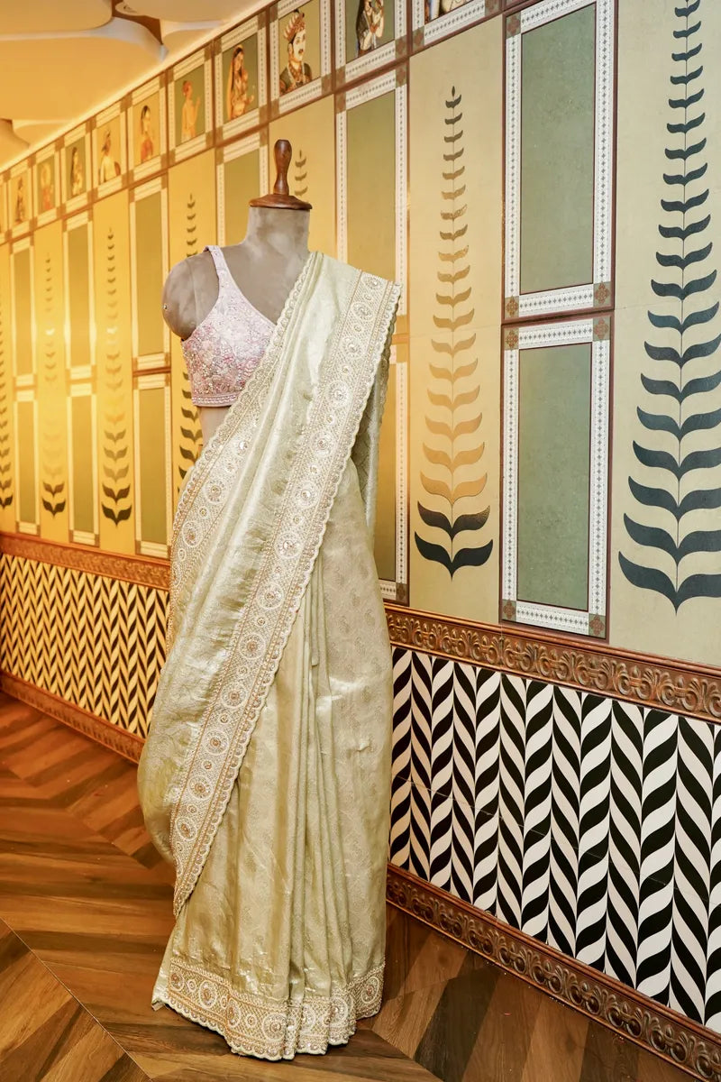 BANARASI RAW SILK PISTA GREEN COLOR FANCY SAREE