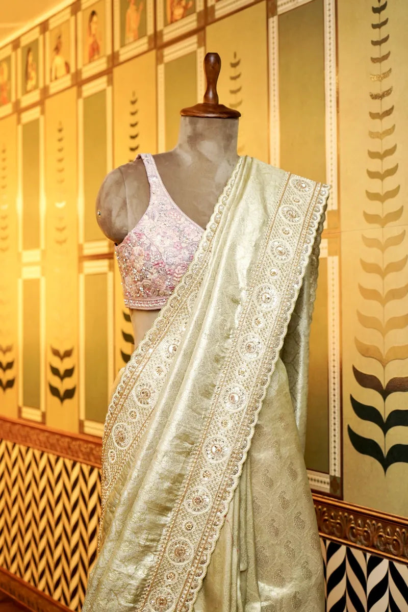 BANARASI RAW SILK PISTA GREEN COLOR FANCY SAREE