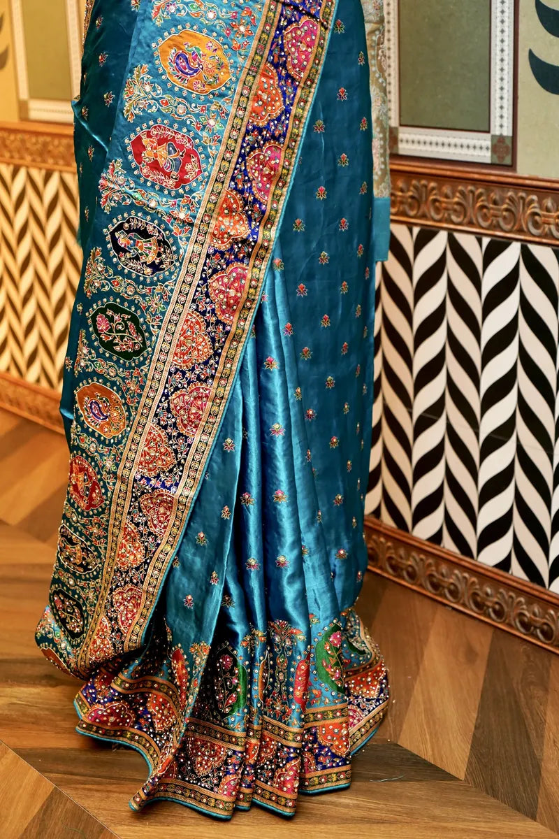 BANARASI PURE CREPE FIROZI COLOR FANCY SAREE