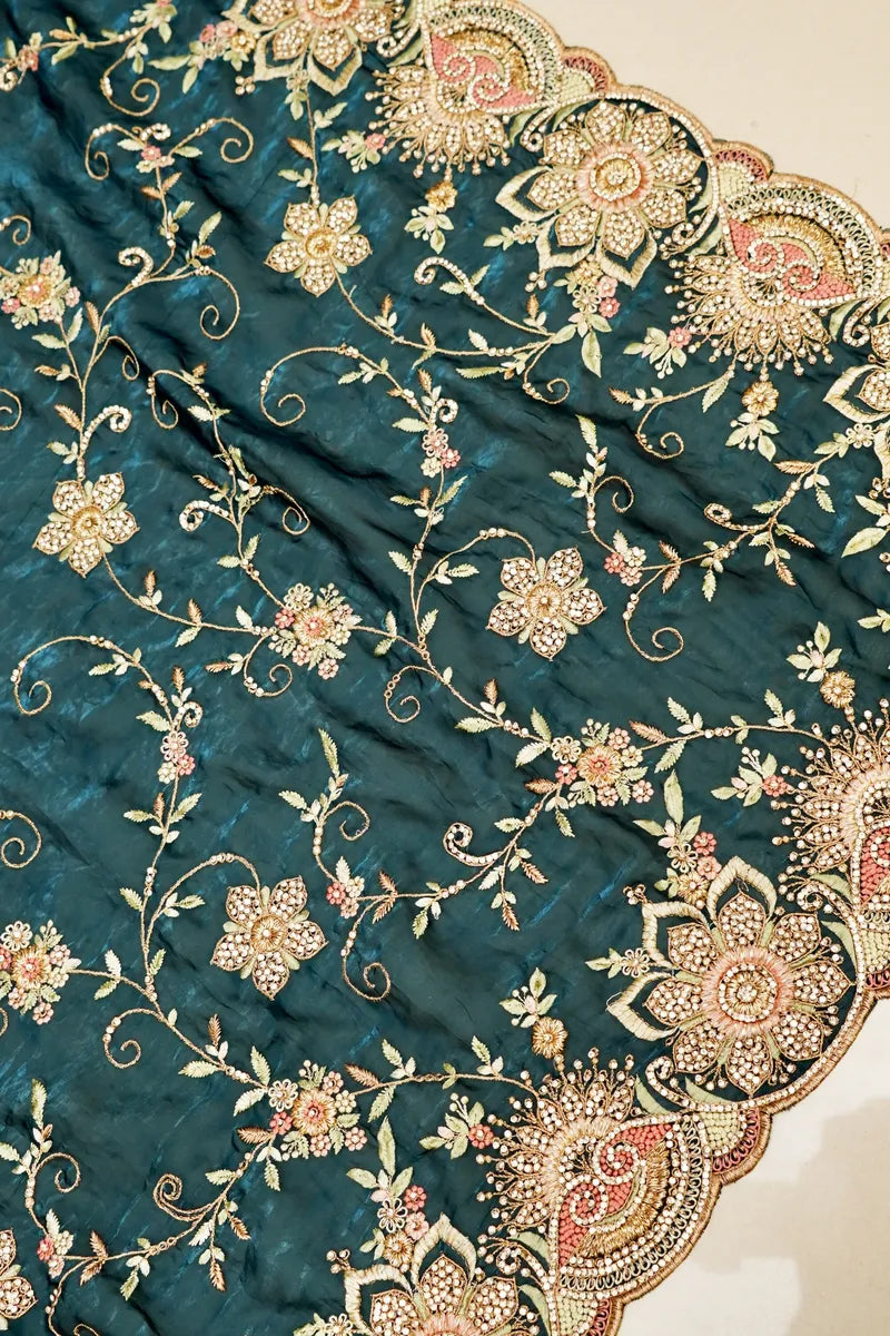 BANARASI PURE CREPE RAMA GREEN COLOR FANCY SAREE