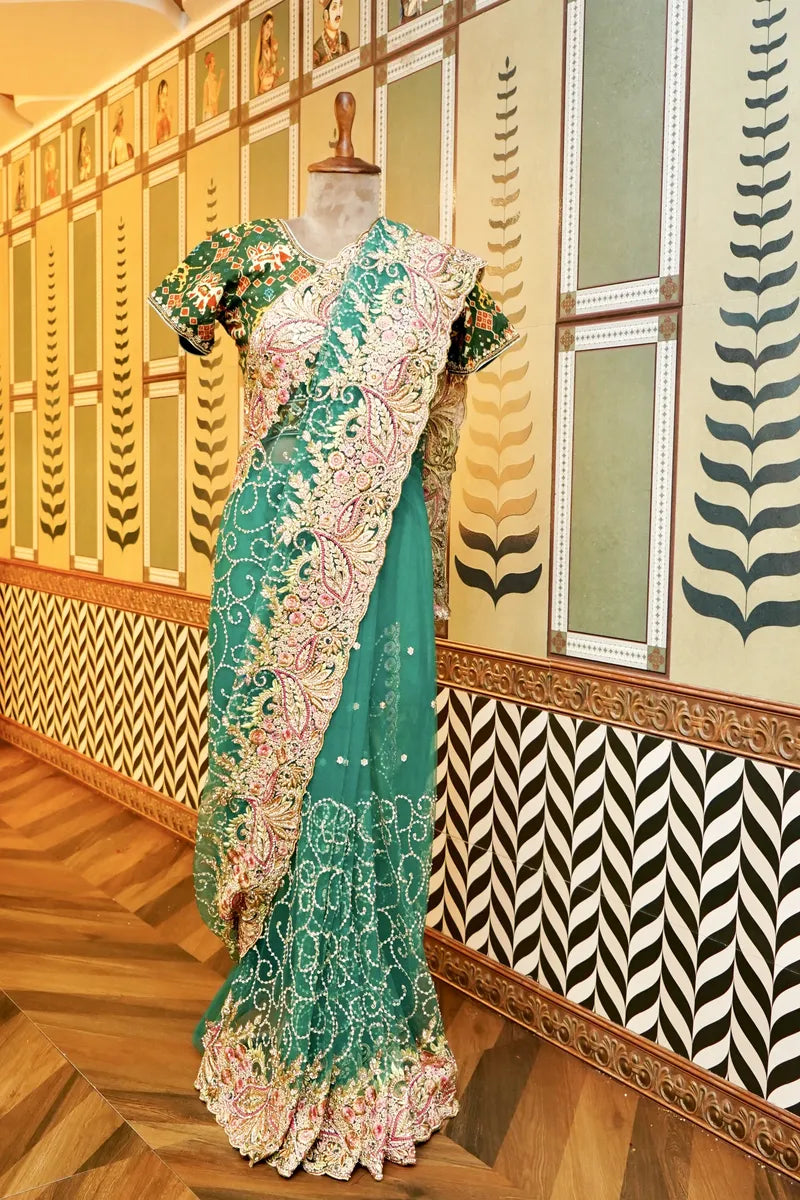 BANARASI NET SEA GREEN COLOR FANCY SAREE