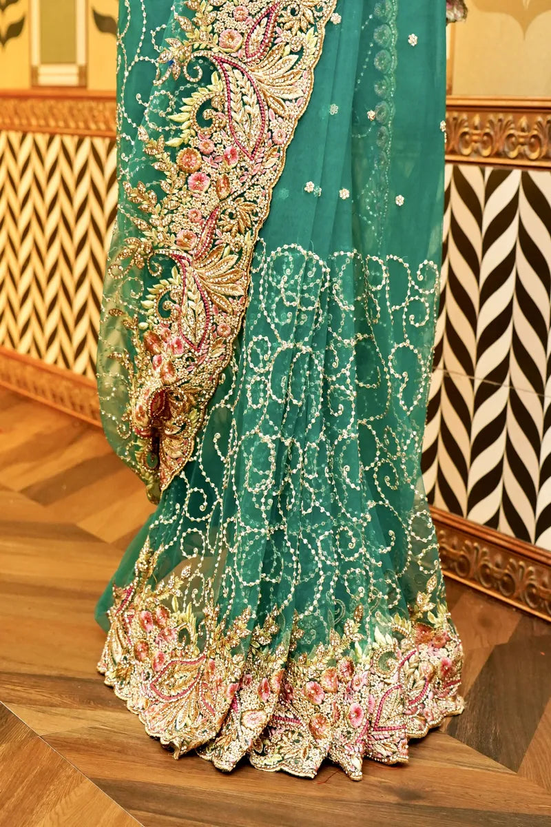 BANARASI NET SEA GREEN COLOR FANCY SAREE