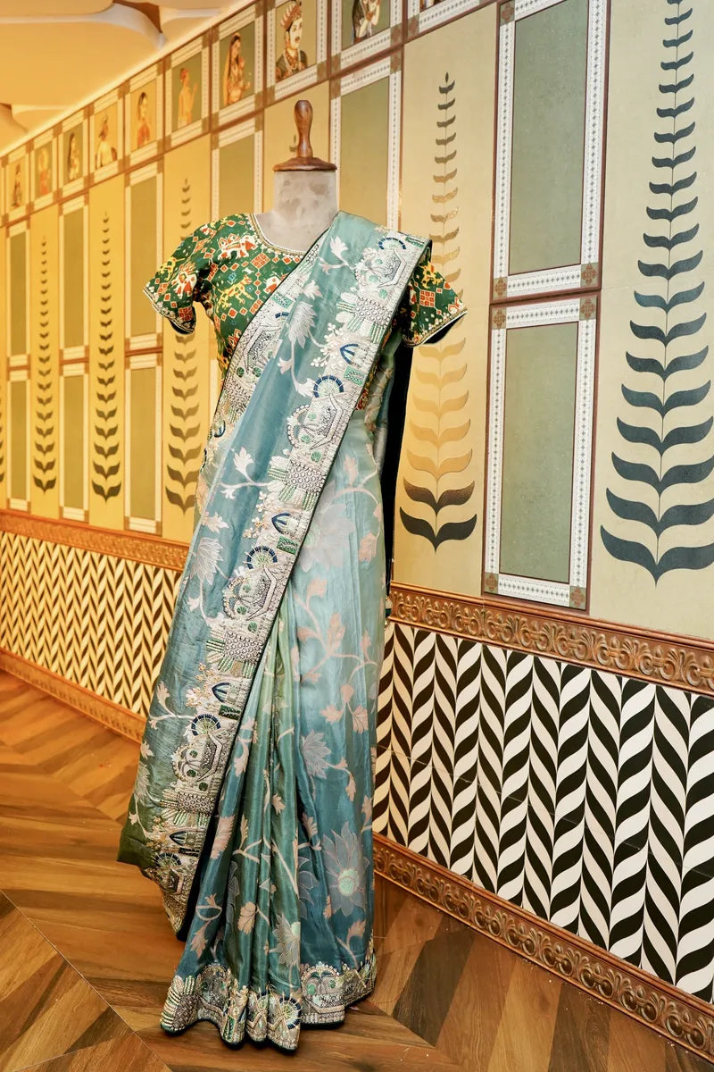 BANARASI KORA SILK SEA GREEN COLOR FANCY SAREE