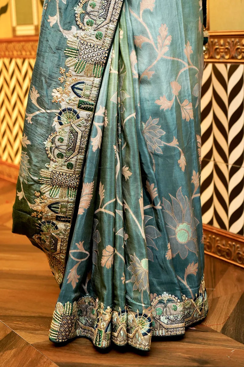BANARASI KORA SILK SEA GREEN COLOR FANCY SAREE