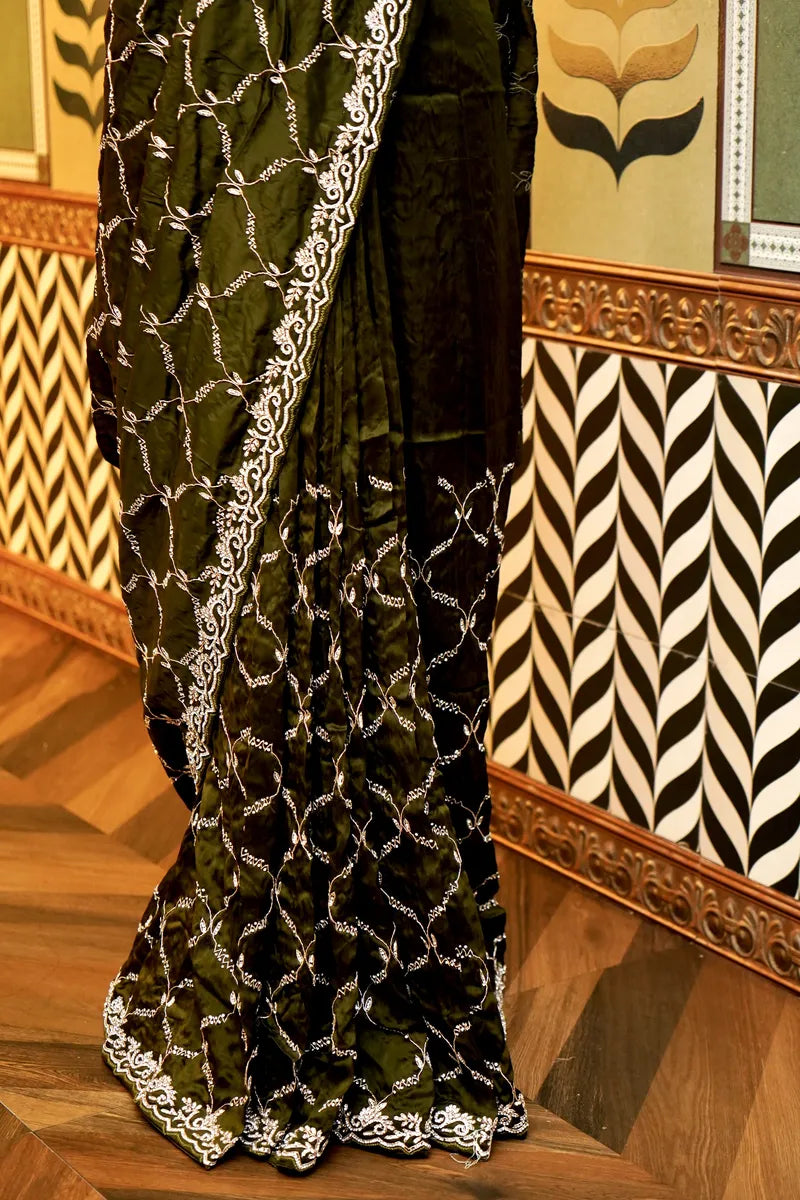 BANARASI PURE CREPE MEHNDI COLOR FANCY SAREE