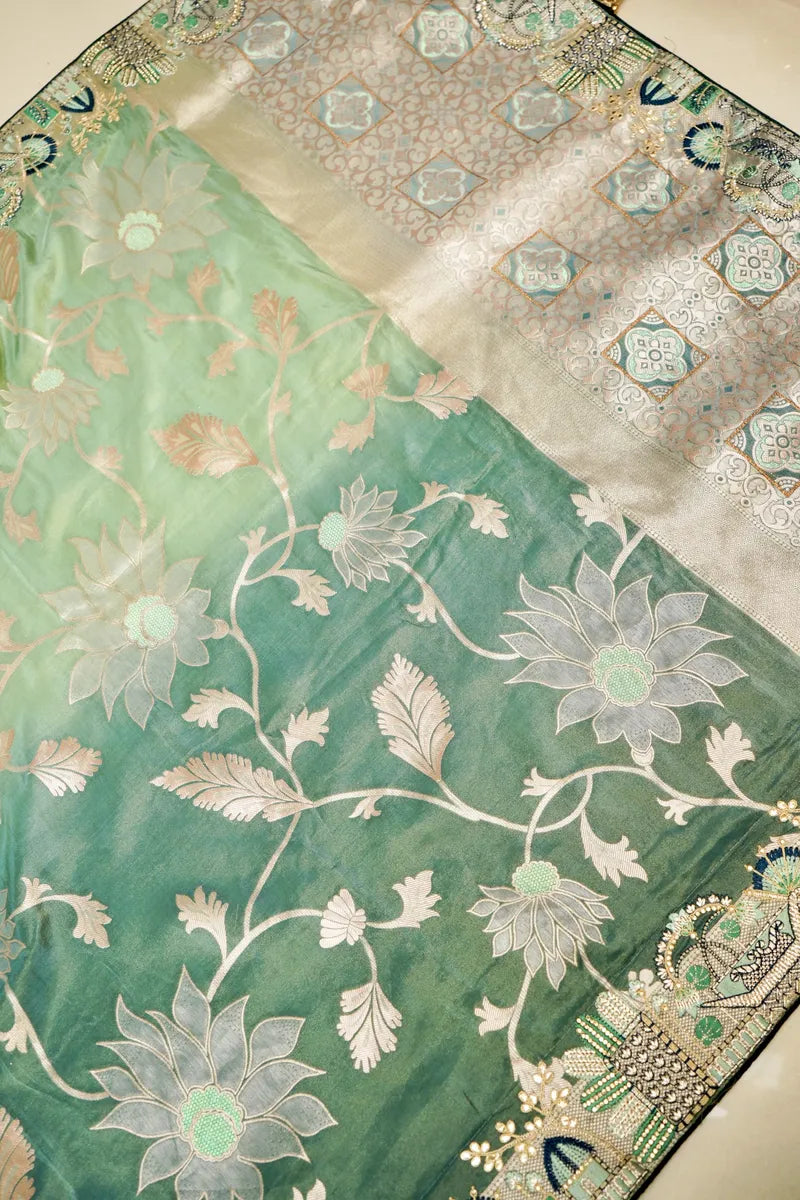BANARASI KORA SILK SEA GREEN COLOR FANCY SAREE