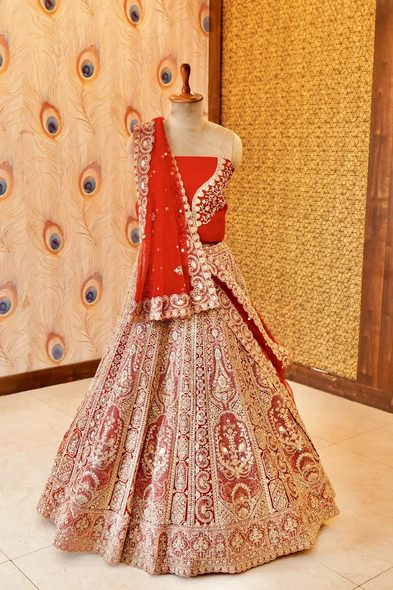 RED COLOR HEAVY PITA ZARI WORK BRIDAL LEHENGA