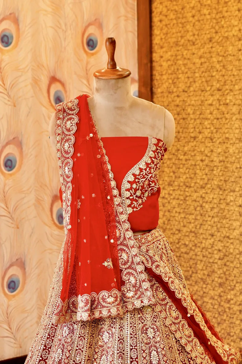 RED COLOR HEAVY PITA ZARI WORK BRIDAL LEHENGA