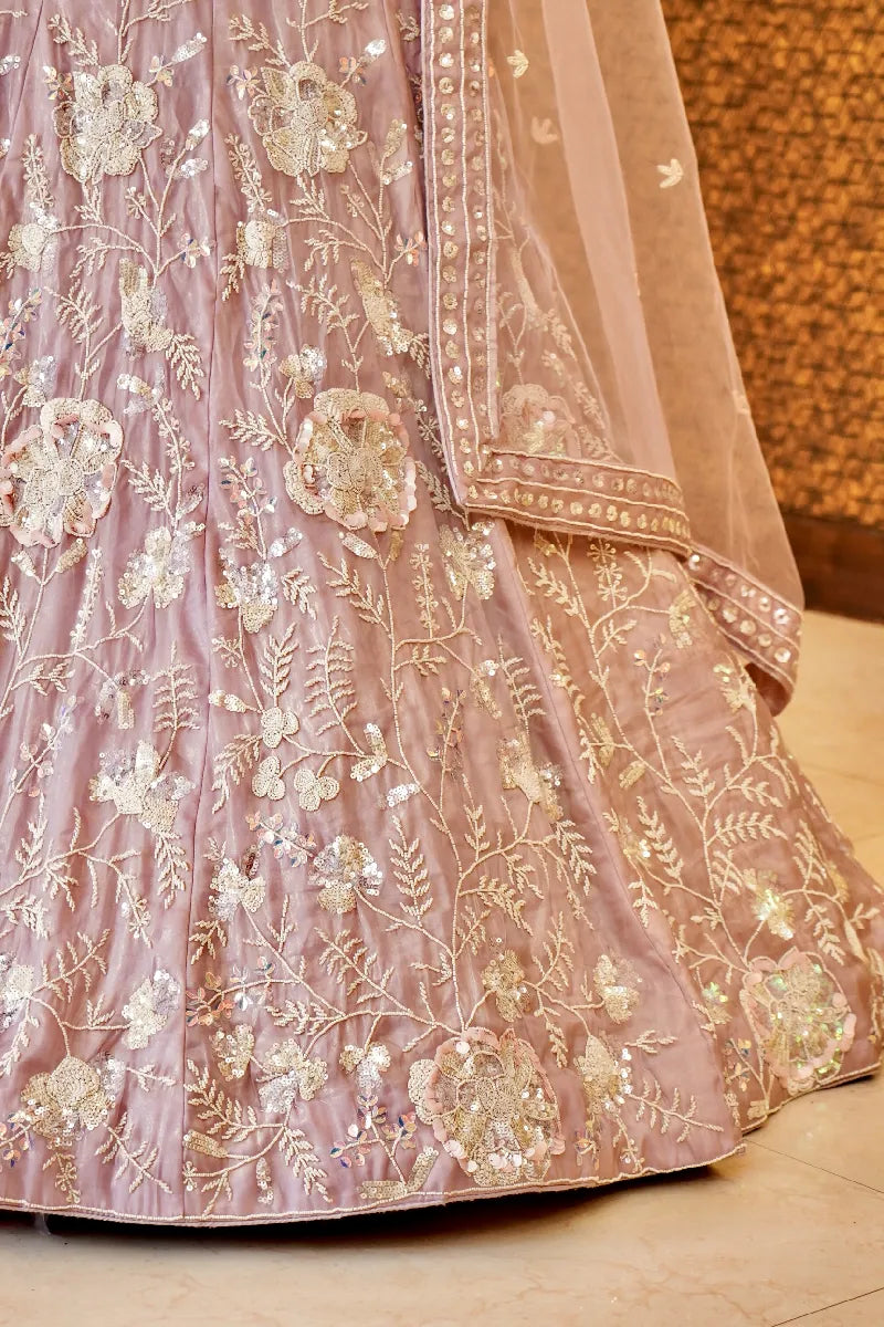 PURPLE COLOR SEQUENCE AND PEARL HAND WORK BRIDAL LEHENGA