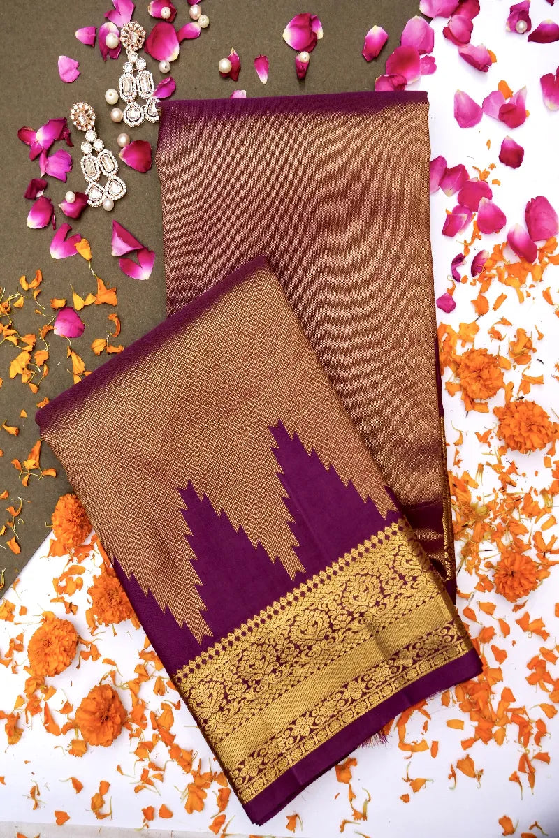PURE HANDLOOM REAL ZARI GOLDEN WINE COLOR KANCHIPURAM SILK SAREE