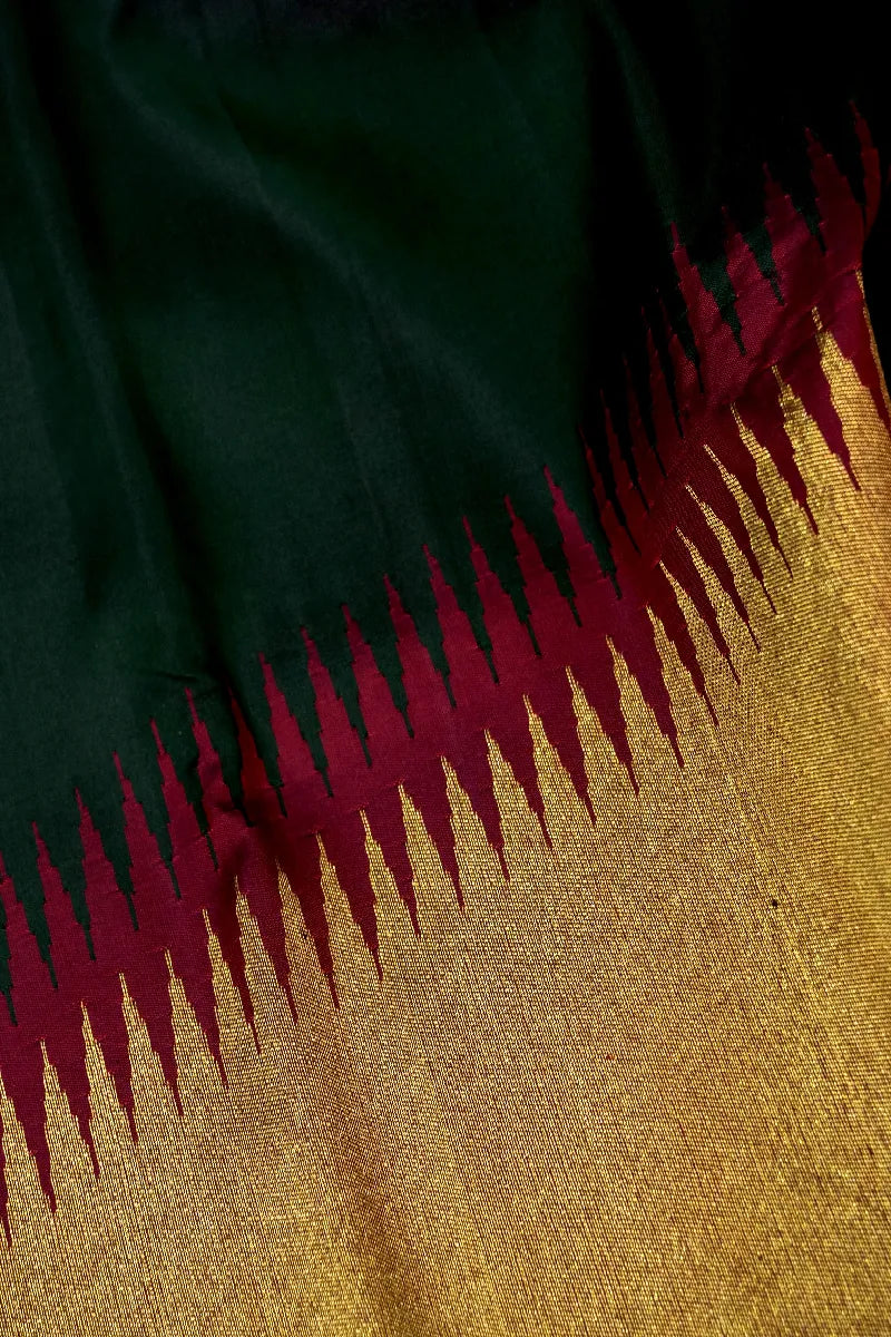 PURE HANDLOOM REAL ZARI BOTTLE GREEN COLOR KANCHIPURAM SILK SAREE