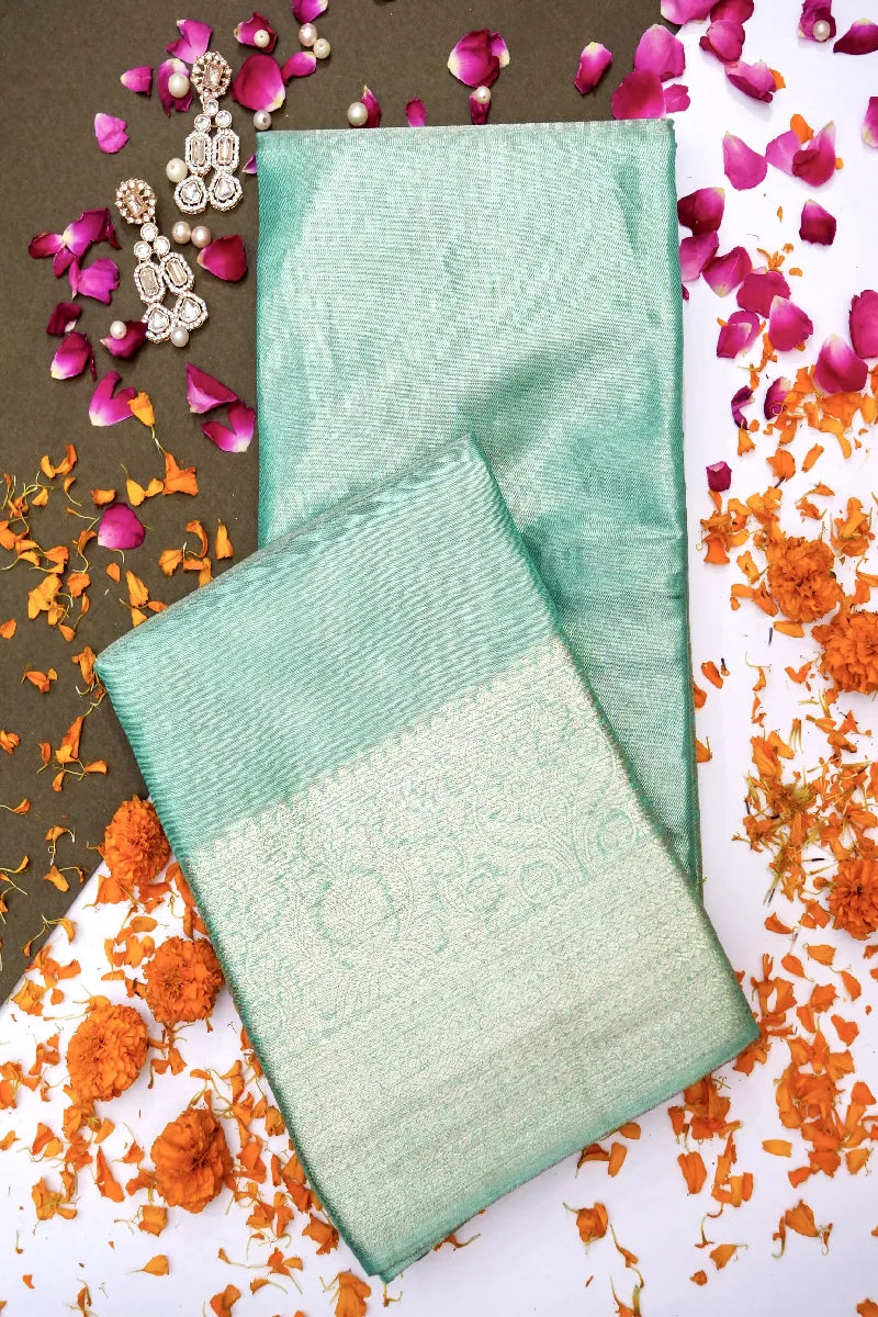 PURE HANDLOOM SEA AQUA GREEN COLOR KANCHIPURAM SILK SAREE