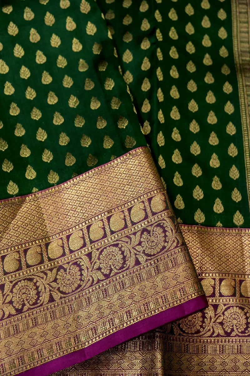 PURE HANDLOOM BOTTLE GREEN COLOR KANCHIPURAM SILK SAREE