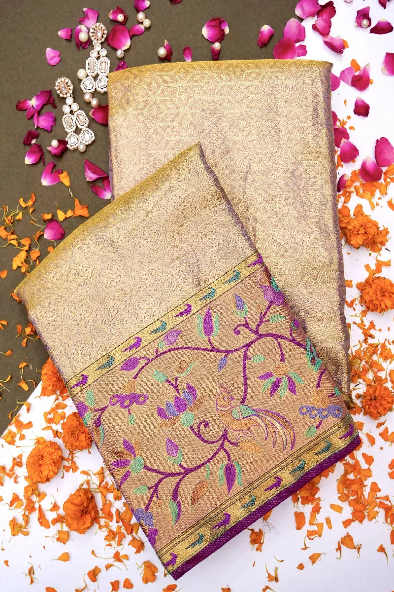 PURE HANDLOOM REAL ZARI GOLDEN COLOR KANCHIPURAM SILK SAREE