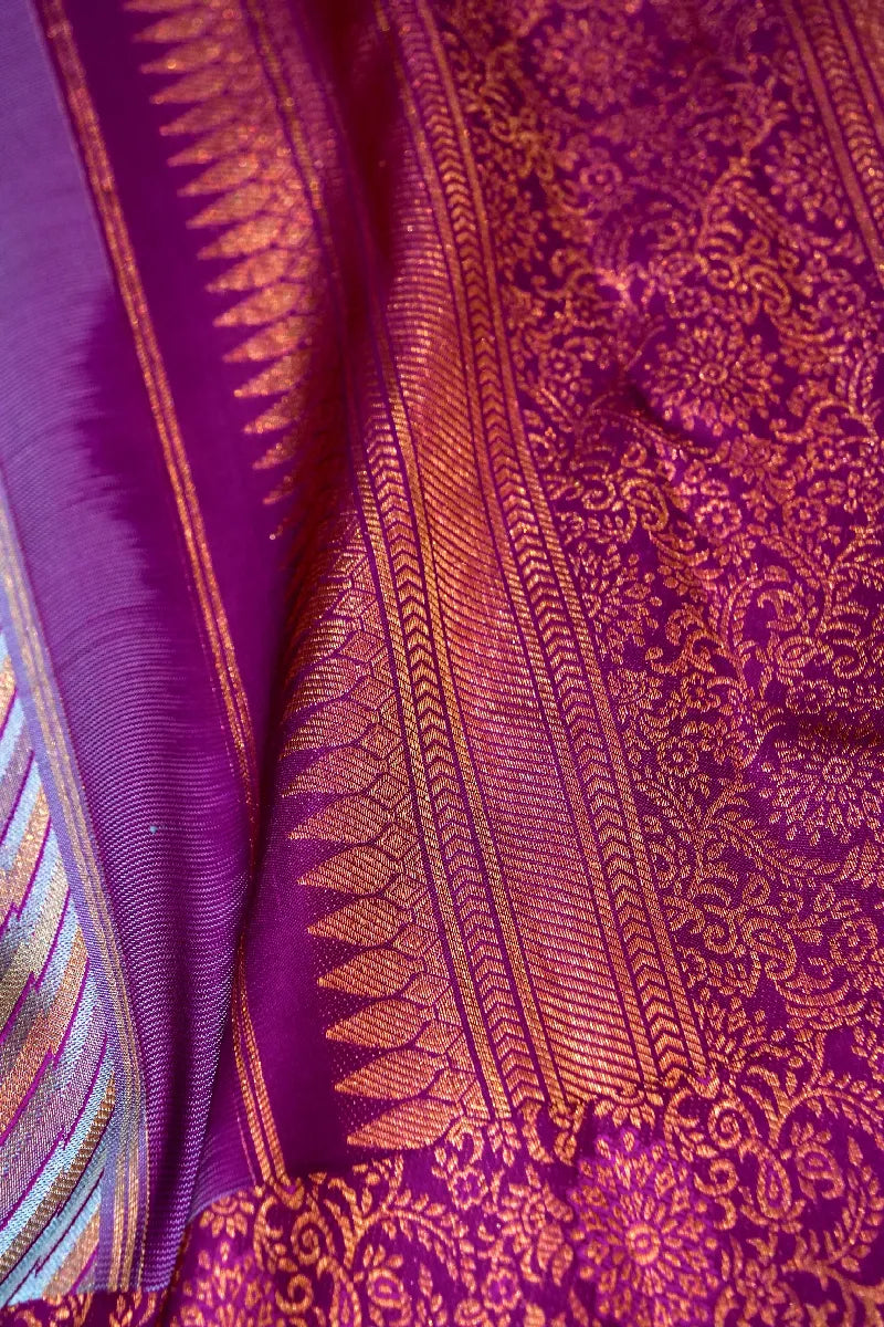 PURE HANDLOOM REAL ZARI AQUA GREEN WITH CONTRAST MAGENTA COLOR KANCHIPURAM SILK SAREE