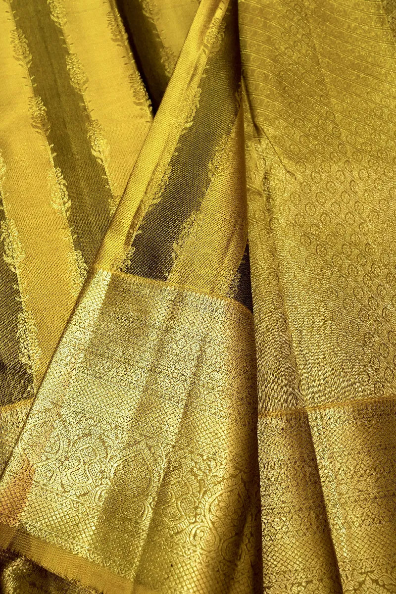 PURE HANDLOOM MEHNDI GOLDEN COLOR KANCHIPURAM SILK SAREE
