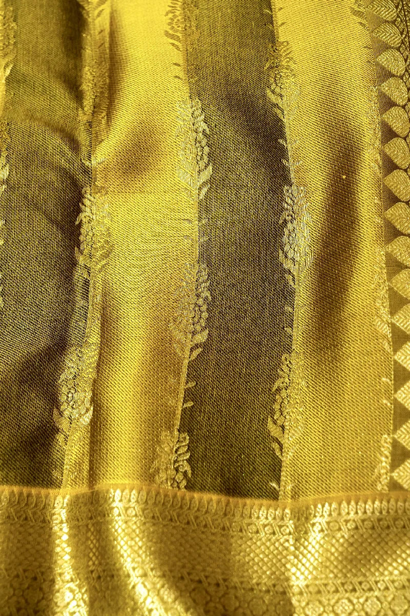 PURE HANDLOOM MEHNDI GOLDEN COLOR KANCHIPURAM SILK SAREE