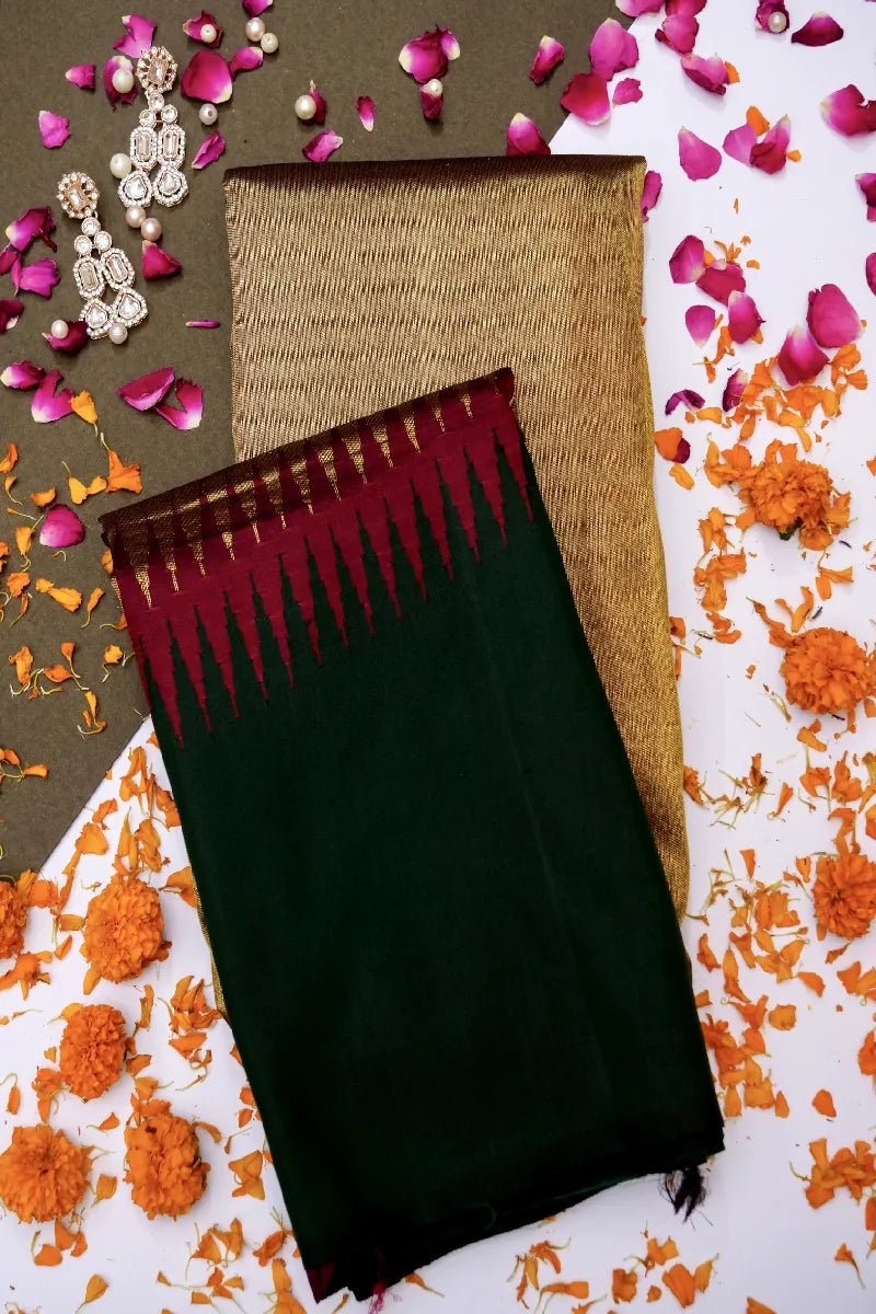 PURE HANDLOOM REAL ZARI BOTTLE GREEN COLOR KANCHIPURAM SILK SAREE