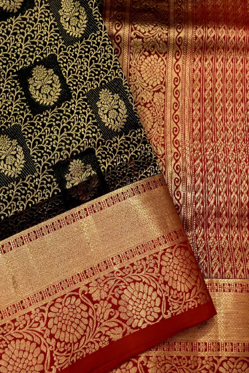 PURE HANDLOOM BLACK COLOR KANCHIPURAM SILK SAREE