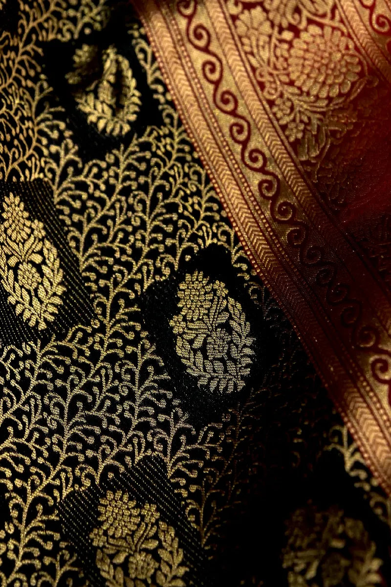 PURE HANDLOOM BLACK COLOR KANCHIPURAM SILK SAREE
