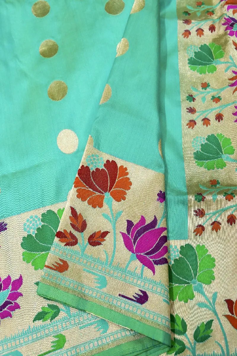 PURE HANDLOOM RICH ZARI SEA GREEN COLOR BANARASI SINGLE KATAAN SILK SAREE