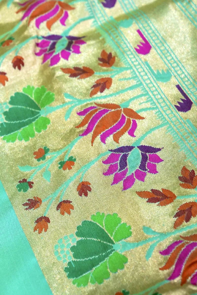 PURE HANDLOOM RICH ZARI SEA GREEN COLOR BANARASI SINGLE KATAAN SILK SAREE