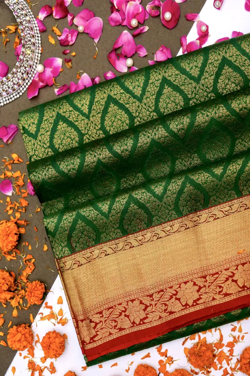 PURE HANDLOOM BOTTLE GREEN COLOR KANCHIPURAM SILK SAREE