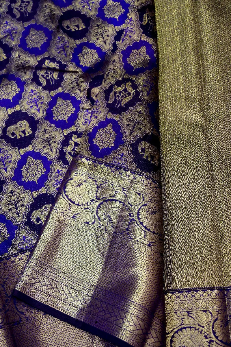 PURE HANDLOOM ROYAL NAVY BLUE COLOR KANCHIPURAM SILK SAREE