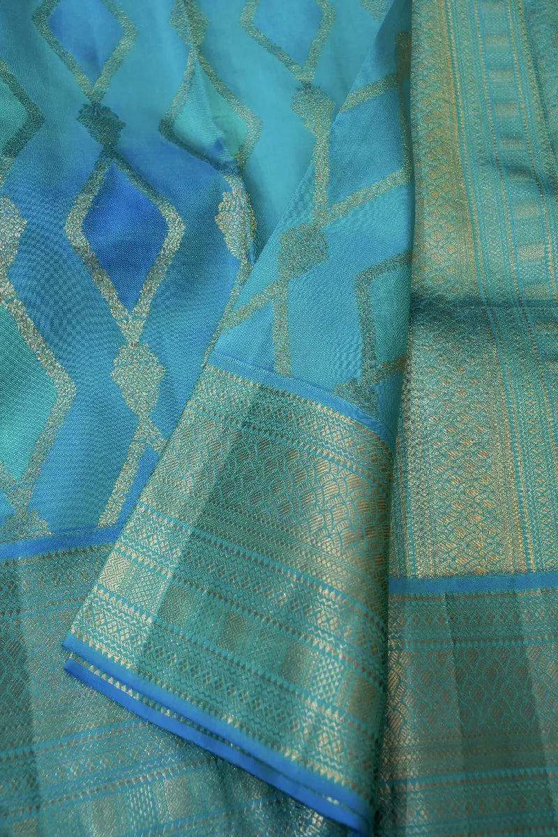 PURE HANDLOOM LIGHT FIROZI COLOR KANCHIPURAM SILK SAREE