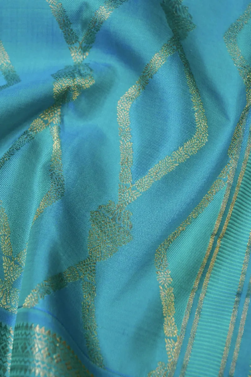 PURE HANDLOOM LIGHT FIROZI COLOR KANCHIPURAM SILK SAREE