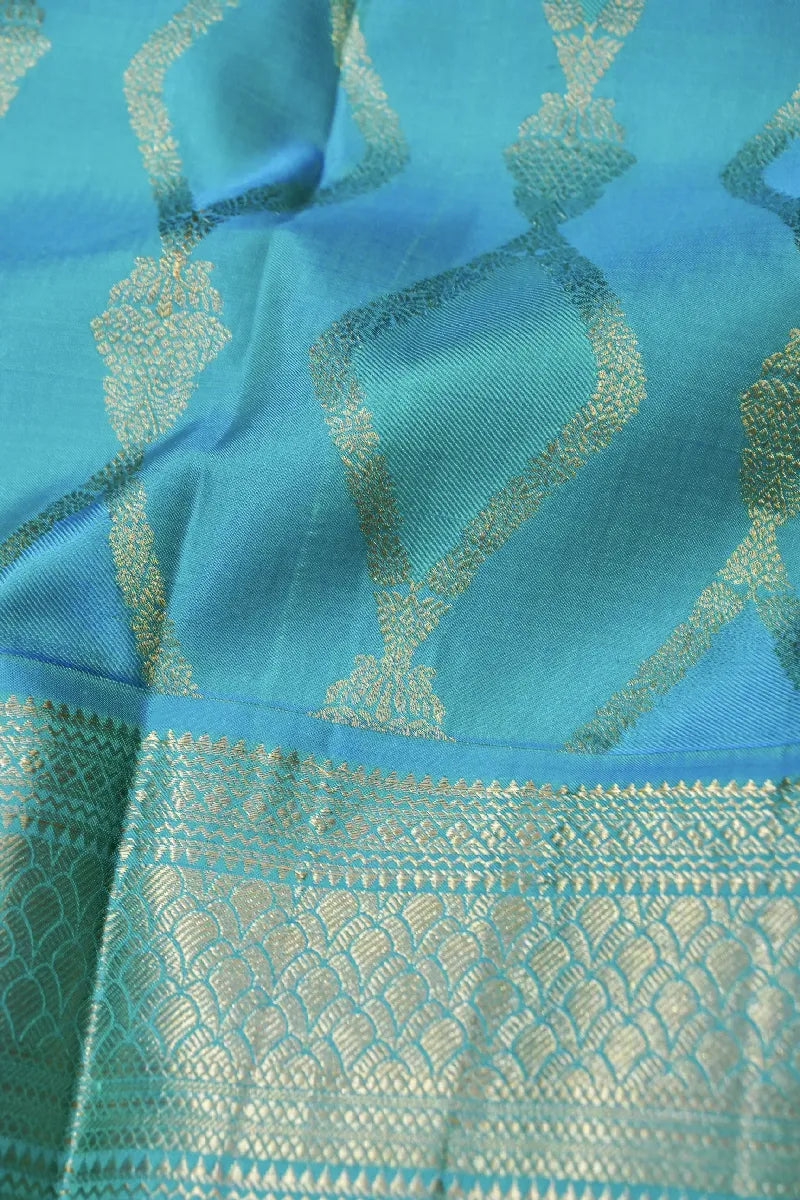 PURE HANDLOOM LIGHT FIROZI COLOR KANCHIPURAM SILK SAREE
