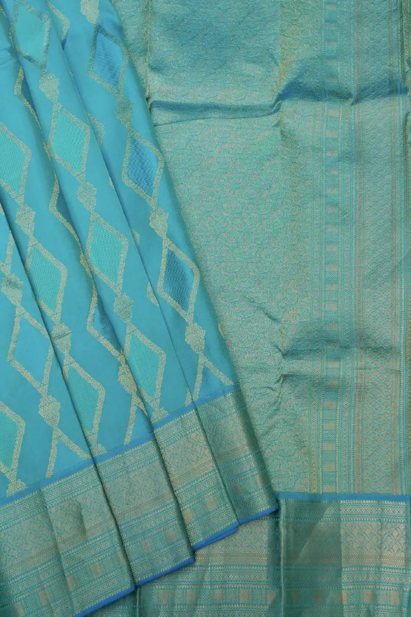 PURE HANDLOOM LIGHT FIROZI COLOR KANCHIPURAM SILK SAREE