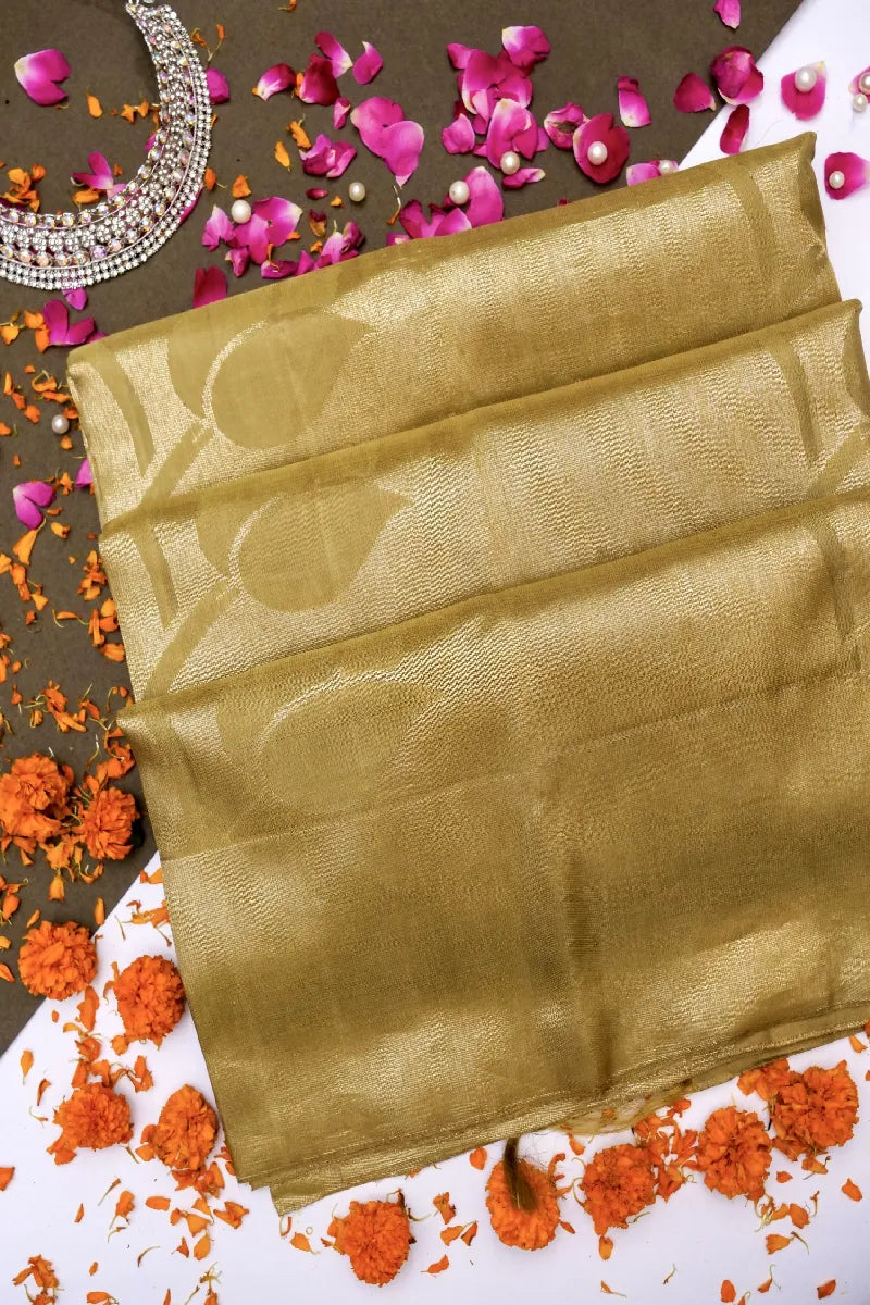 PURE HANDLOOM REAL ZARI MEHENDI GOLDEN COLOR KANCHIPURAM SILK SAREE