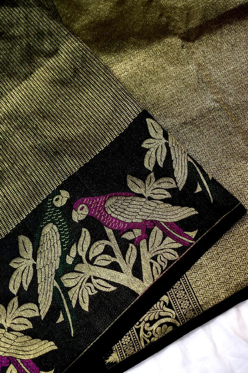 PURE HANDLOOM REAL ZARI BLACK COLOR KANCHIPURAM SILK SAREE