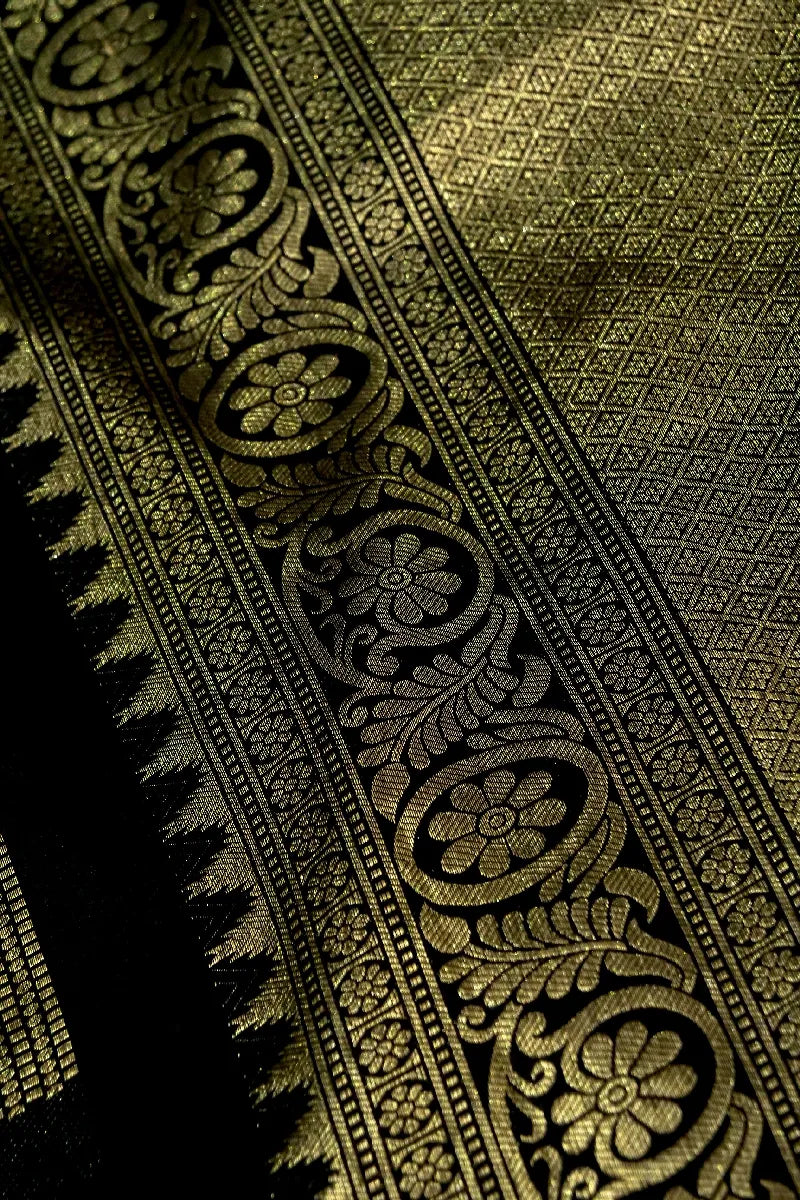 PURE HANDLOOM REAL ZARI BLACK COLOR KANCHIPURAM SILK SAREE