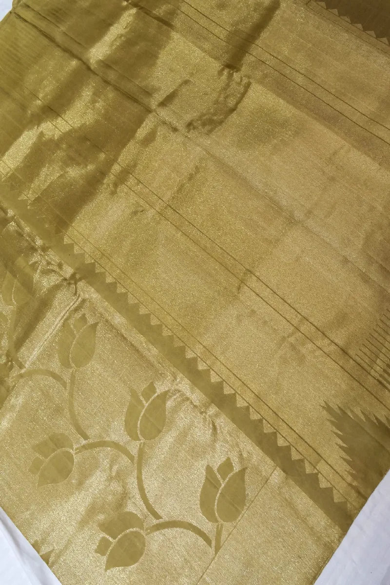 PURE HANDLOOM REAL ZARI MEHENDI GOLDEN COLOR KANCHIPURAM SILK SAREE