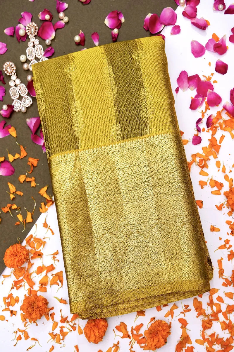 PURE HANDLOOM MEHNDI GOLDEN COLOR KANCHIPURAM SILK SAREE