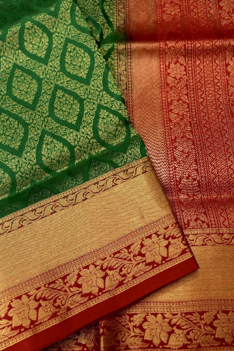 PURE HANDLOOM BOTTLE GREEN COLOR KANCHIPURAM SILK SAREE