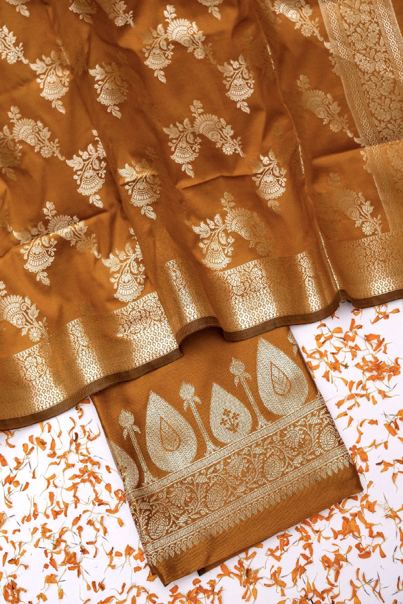 BANARASI TAFFETA SILK RUST COLOR UNSTICHED SUIT