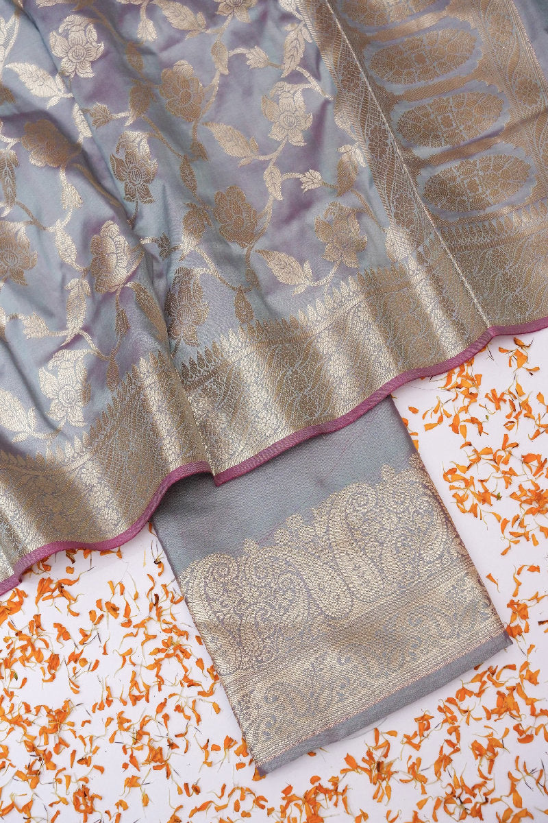 BANARASI TAFFETA SILK GREY COLOR UNSTICHED SUIT