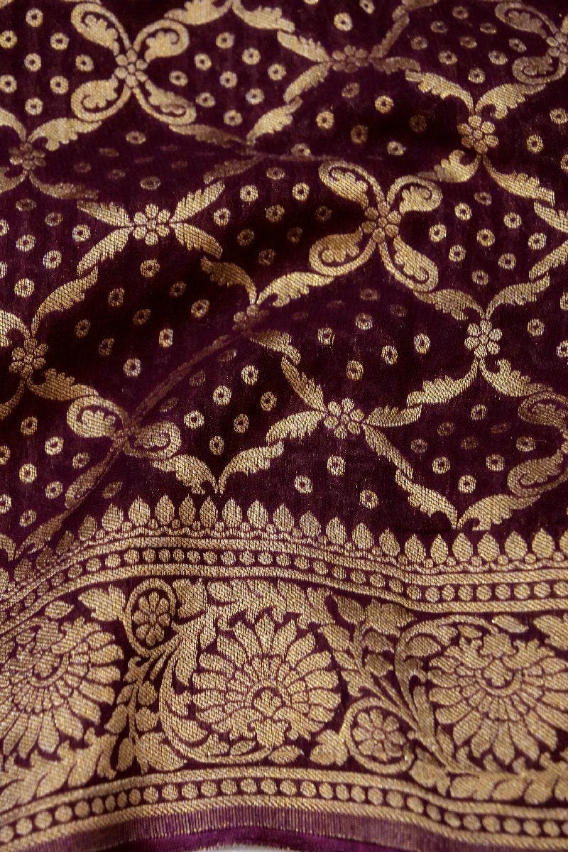 GEORGETTE BANARASI SILK DARK WINE COLOR UNSTICHED SUIT